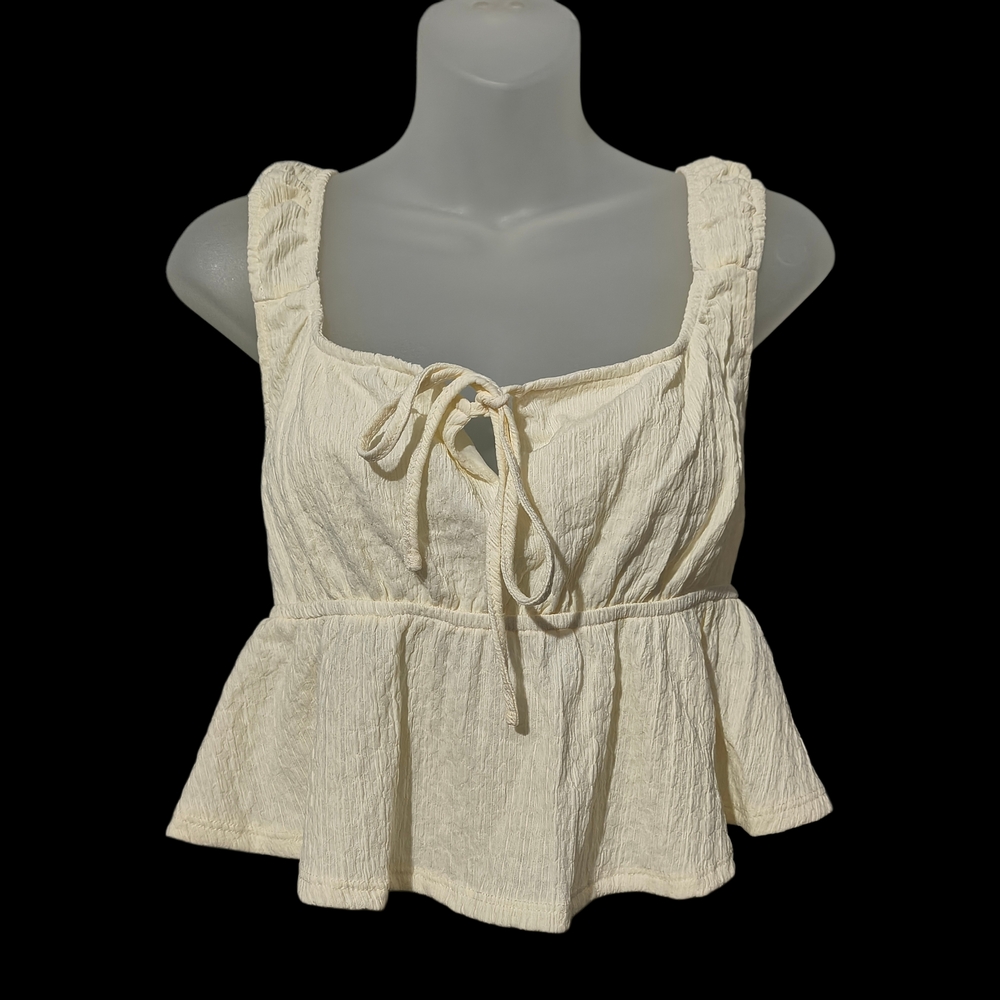 Pink Rose Large Cream Tie-Neck Peplum Crop Top Peasant Cottagecore